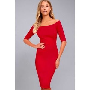 NWT Lulu’s girl can’t help it off the shoulder midi dress sz S red